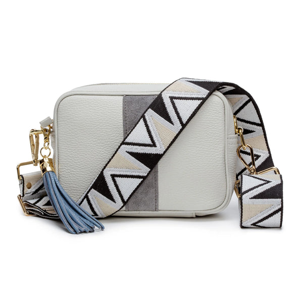 Marble Leather Handbag With Suede Stripe & Abstract Strap