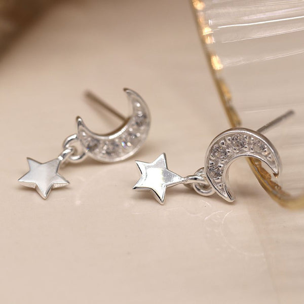 Sterling Silver Crystal Moon & Star Earrings