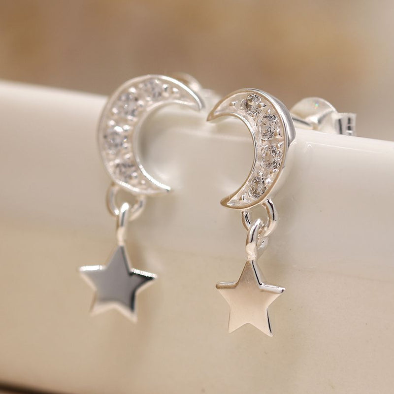 Sterling Silver Crystal Moon & Star Earrings