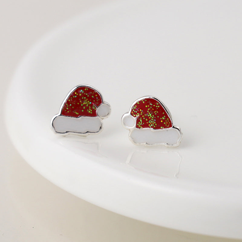 Silver Sparkly Santa Hat Stud Earrings