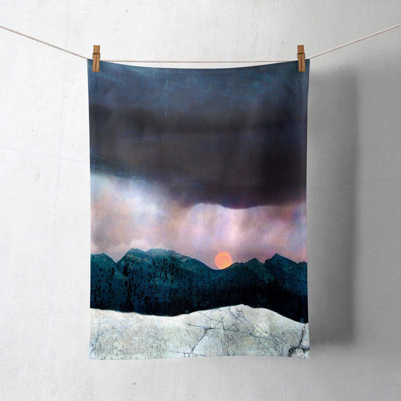 Strawberry Moonrise Over Cuillins Skye Cotton Tea Towel