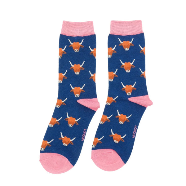 Miss Sparrow Highland Cow Socks - Navy