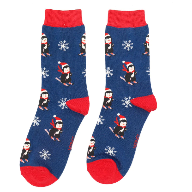 Miss Sparrow Skiing Penguins Socks - Navy