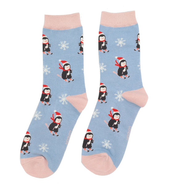 Miss Sparrow Skiing Penguins Socks - Powder Blue