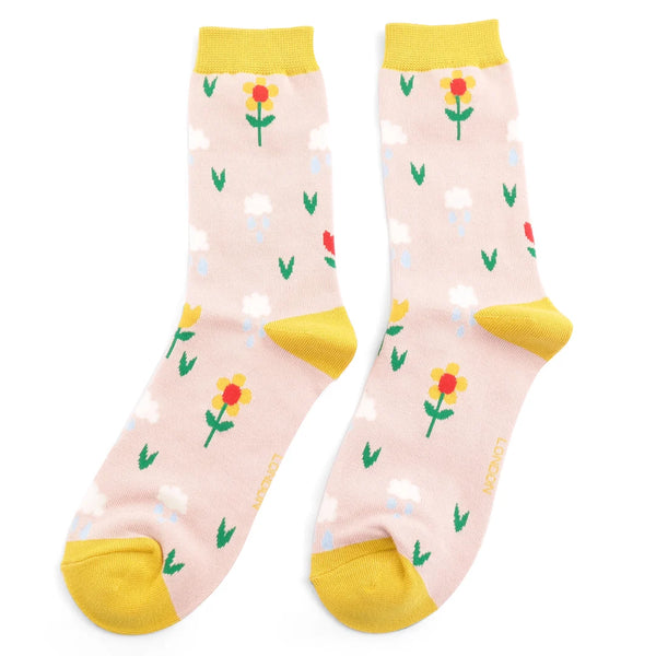 Rainclouds & Flower Socks - Light Pink