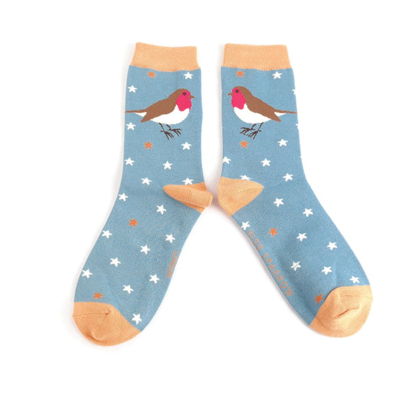 Festive Robin Socks - Denim