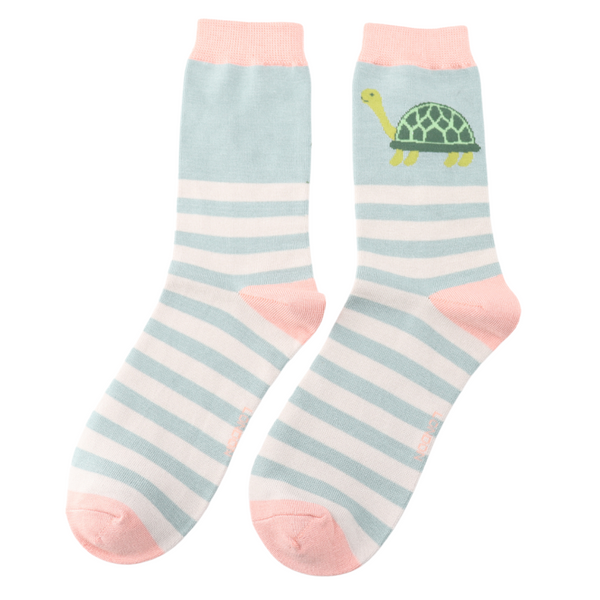 Turtles & Stripe Socks - Duck Egg