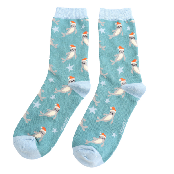 Santa Seal Socks - Blue