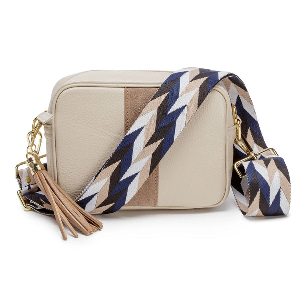Stone Leather Handbag With Suede Stripe & Mozaic Strap