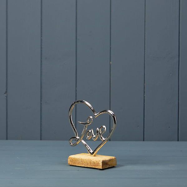 Silver Heart with Love On Wooden Base