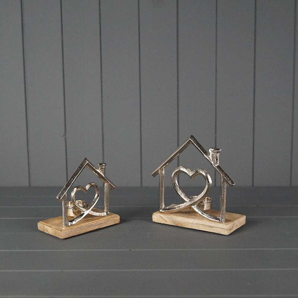 Metal House Tea Light Holder On Wooden Base