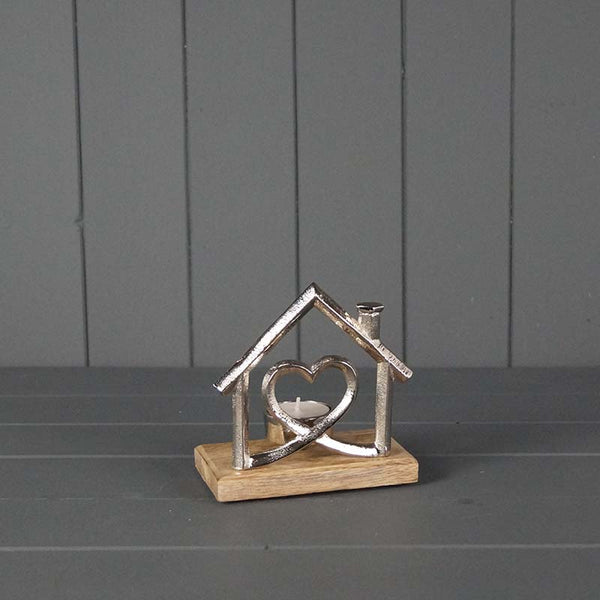 Metal House Tea Light Holder On Wooden Base
