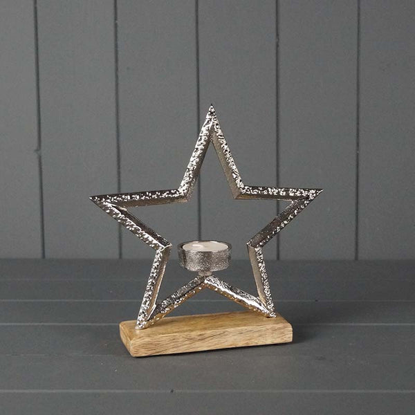 Metal Star Tea Light Holder On Wooden Base