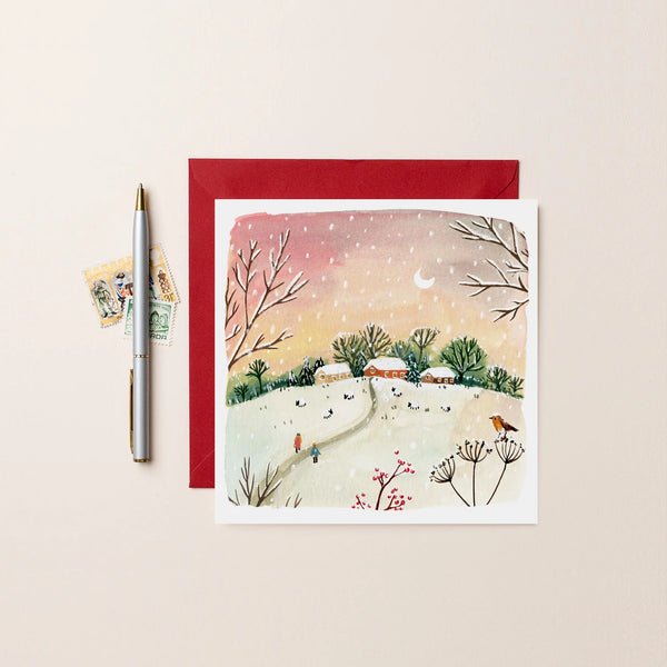 Red Sky Winter Scene Christmas Card