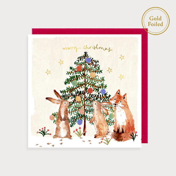 Bunnies & Fox Christmas Tree Card