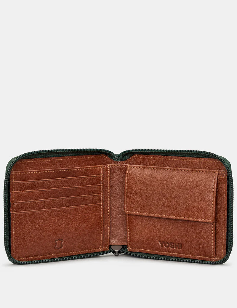 Green/Brown Zip Round Leather Wallet with Contrast Inner
