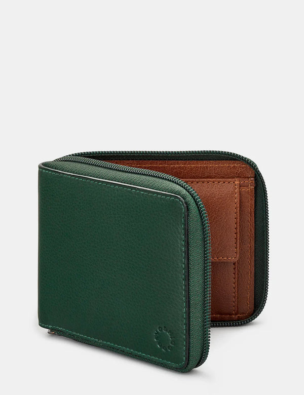 Green/Brown Zip Round Leather Wallet with Contrast Inner