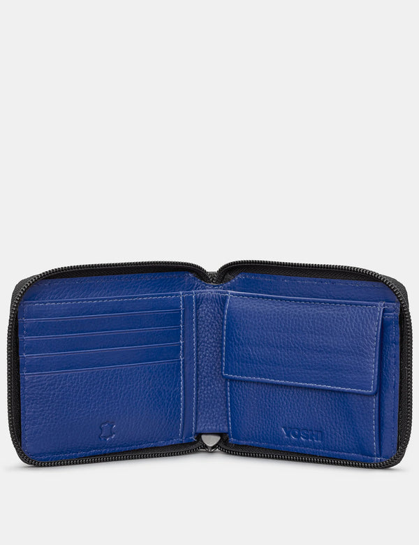Black/Blue Zip Round Leather Wallet with Contrast Inner
