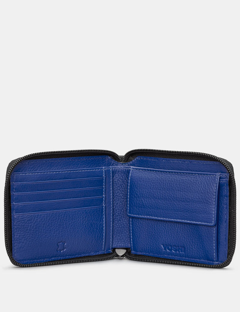 Black/Blue Zip Round Leather Wallet with Contrast Inner