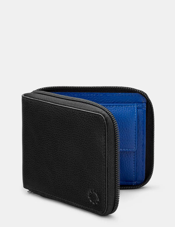 Black/Blue Zip Round Leather Wallet with Contrast Inner
