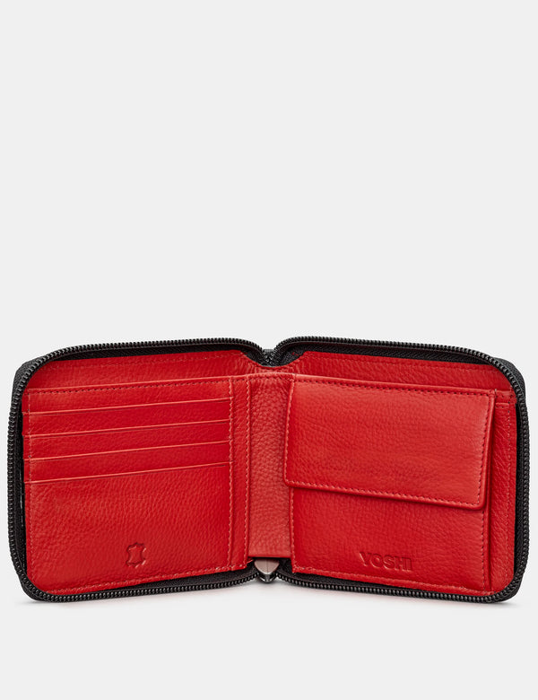 Black/Red Zip Round Leather Wallet with Contrast Inner