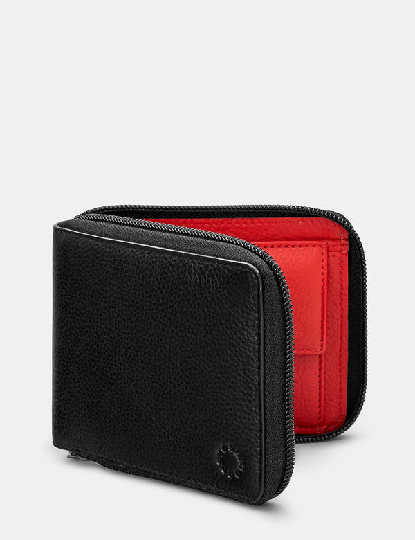 Black/Red Zip Round Leather Wallet with Contrast Inner