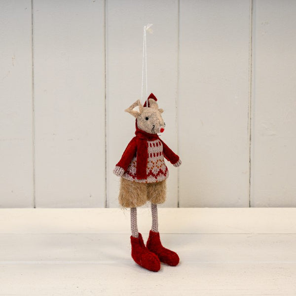 Red and Beige Hanging Winter Mouse - Patterned Jumper