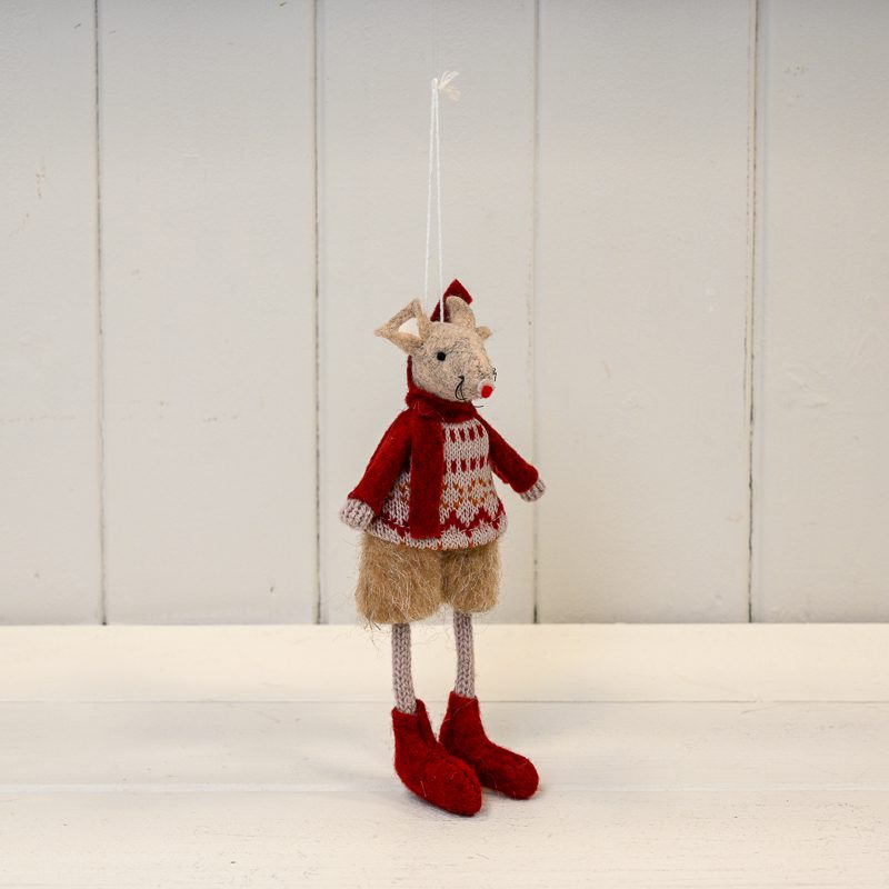 Red and Beige Hanging Winter Mouse - Patterned Jumper
