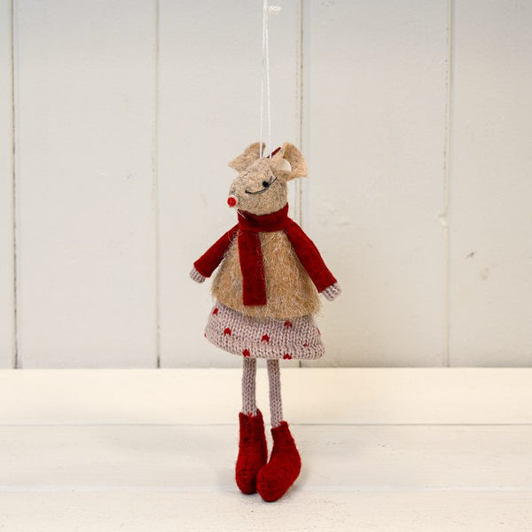 Red and Beige Hanging Winter Mouse - Polkadot Skirt