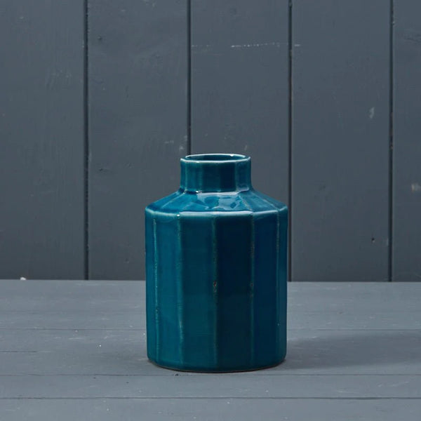 Blue Ceramic Ridged Bottle Vase