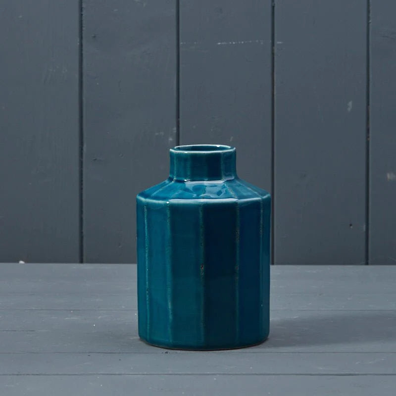 Blue Ceramic Ridged Bottle Vase