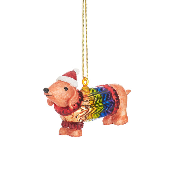 Sausage Dog In rainbow Jumper Hanging Decoration