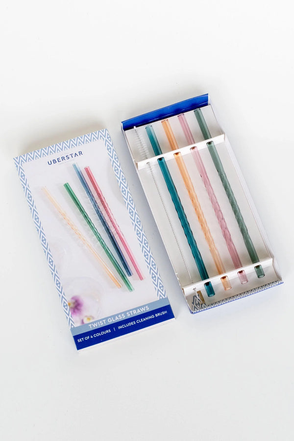 Twist Glass Straws and Cleaning Brush – Set of 4