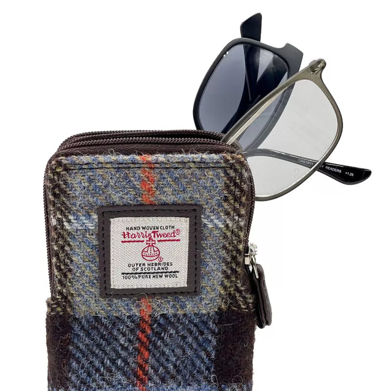 Harris Tweed Double Glasses Sleeve - Blue & Brown Check