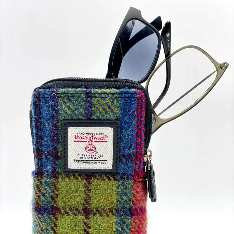 Harris Tweed Double Glasses Sleeve - Blue & Pink Check