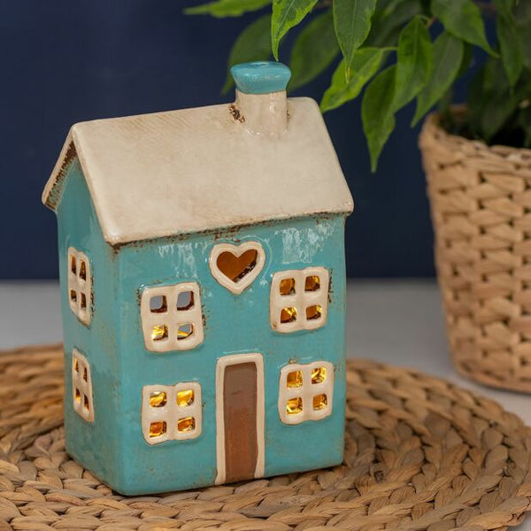 Village Pottery Heart House Tealight Holder - Bright Blue