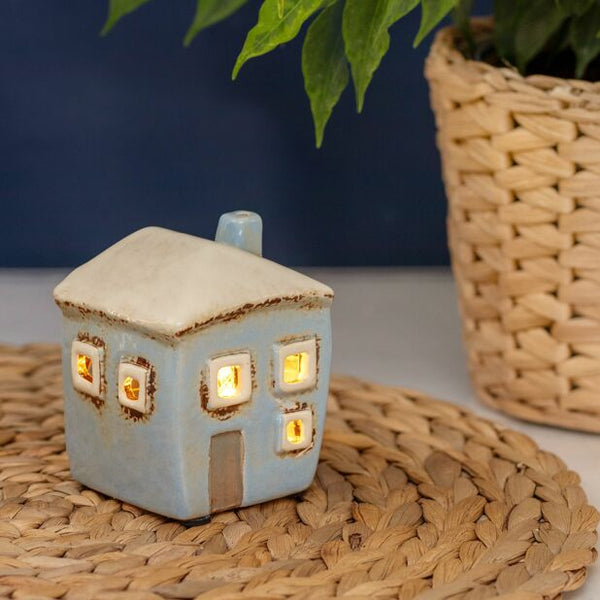 Village Pottery Square Mini House Tealight Holder - Pale Blue