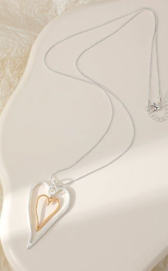 Long Silver Double Heart Pendant Necklace