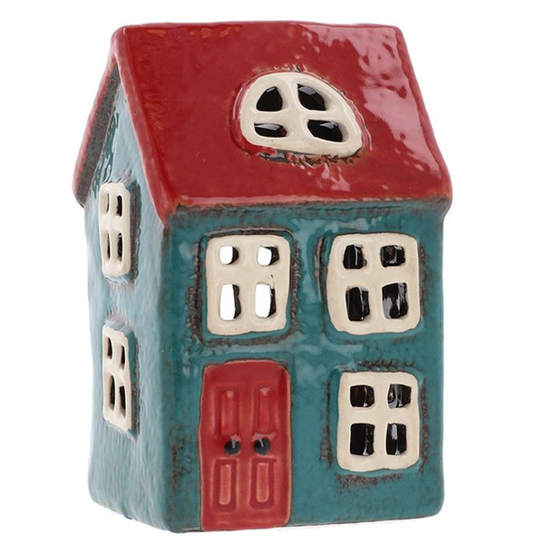 Village Pottery Small House Tealight Holder - Red/Teal