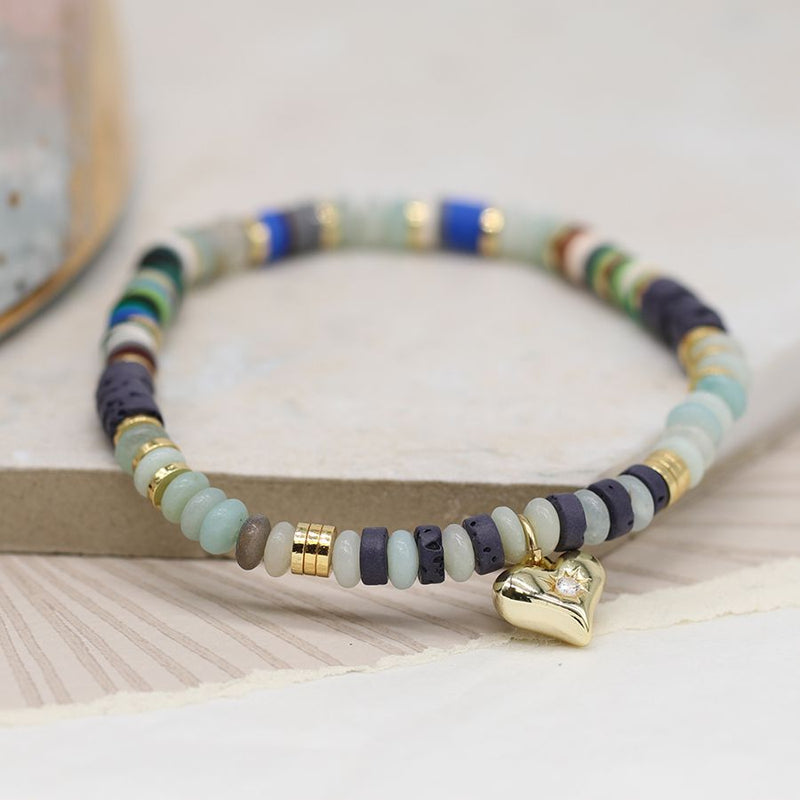 Gold Heart Charm On Grey/Blue Semi Precious Stones Bracelet