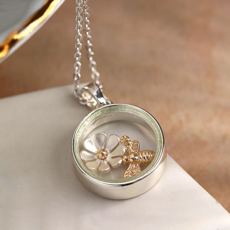 Silver Plated Circle Necklace With Golden Bee & Silver Daisy