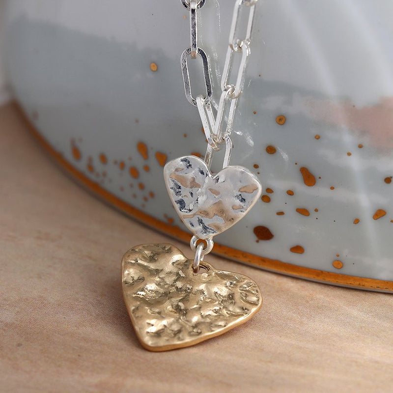 Silver Link Necklace With Silver & Gold Beaten Hearts