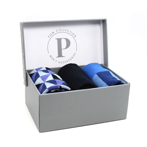 Navy & Blue Stripe/Diamond Pattern Mens Bamboo Socks (Box Of 3)