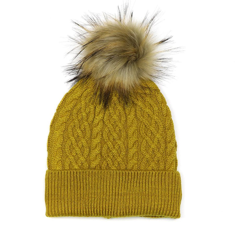 Mustard Lined Wool Mix Bobble Hat With Faux Fur Pom Pom