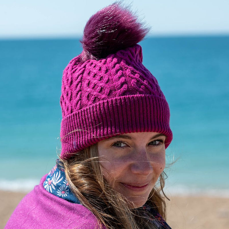 Magenta Lined Wool Mix Bobble Hat With Faux Fur Pom Pom