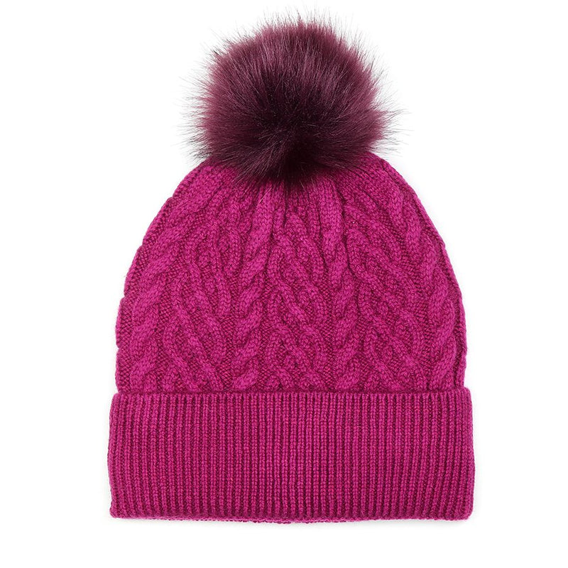 Magenta Lined Wool Mix Bobble Hat With Faux Fur Pom Pom