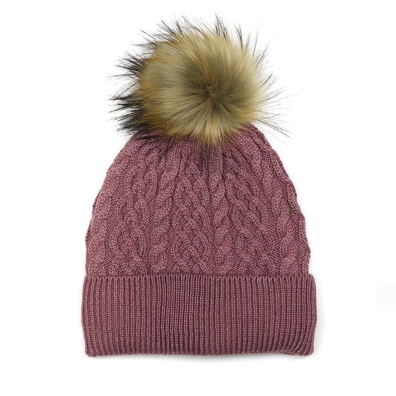Dusky Pink Lined Wool Mix Bobble Hat With Faux Fur Pom Pom