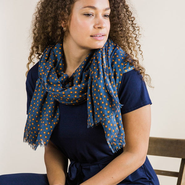 Navy And Orange Star Print Cotton Scarf