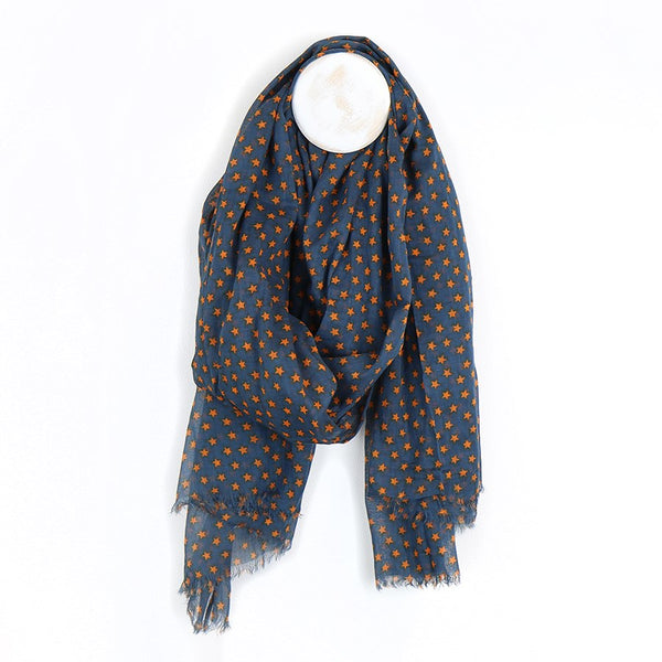 Navy And Orange Star Print Cotton Scarf
