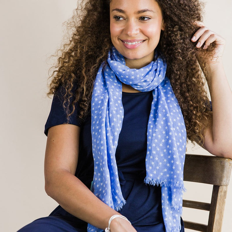 Blue And White Star Print Cotton Scarf